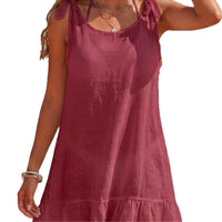 Womens Solid-Colored Ruffle-Trimmed Patchwork Lace-Up Dress