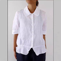 Women's Casual Pleated Peter Pan Collar Short Sleeve Shirt