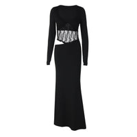 Solid-color Long-sleeve Lace-panelled Maxi Dress Sexy Hollow-out One-piece Gown