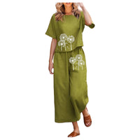 New Solid-color Short-sleeve Set With Heat-transfer Print, Two-piece Set