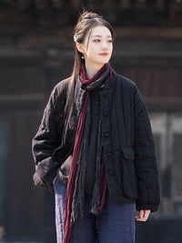 Womens Retro Colorblock Button-Loop Loose Short Cotton Padded Jacket