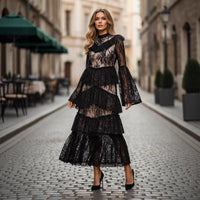Stand-collar Embroidered Ruffled Maxi Dress