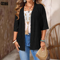 Womens Plus-Size Casual Hollow-Out Cardigan Solid-Colored Top
