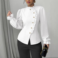 Women's Elegant French Asymmetrical Button-down Collar Ruffle Long Sleeve Blouse