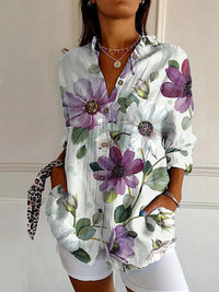 Womens Floral And Green Leaf-print Long-sleeve Blouse