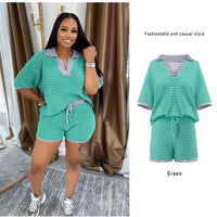 Mid-sleeve V-neck Striped Knit Top And High-waisted Shorts Set