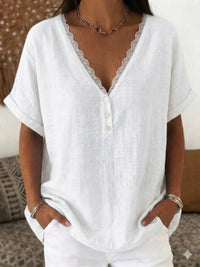 Fashionable Casual Solid-color Lace-trimmed Collar Short Sleeves