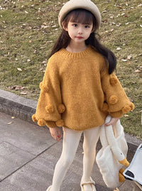 Girls' Pullover Spring And Autumn New Children's Western Style Baby Girl Pink Lantern Sleeve Fur Ball Sweater