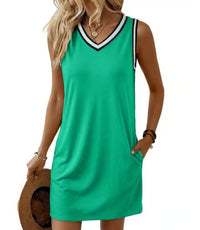 Women's Contrast-color V-neck Sleeveless Dress