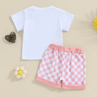 English Letter Short Sleeve Tie-neck Plaid Shorts Children Suit