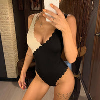 One-piece swimsuit special fabric stitching petal edge personality