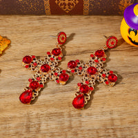 1 Pair Gothic Vintage Black Crystal Cross Drop Earrings, Punk Style Zinc Alloy Jewelry