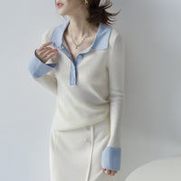 French Style Polo Collar Knitted Bottoming Shirt Long Sleeve Contrast Color Slim Fit Sweater