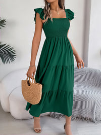 Women's Solid Color Square Neck Ruffle Trim Tie Waist A-Line Maxi Dress