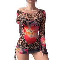 Mesh Long-sleeve Flared-sleeve Short Skirt