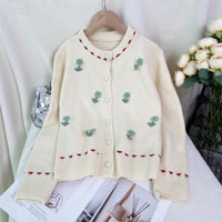 Women's Patchwork Flower Knitted Cardigan Round Neck Casual Sweater