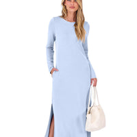 Women's Long-Sleeve Solid-Color Slit Maxi Dress