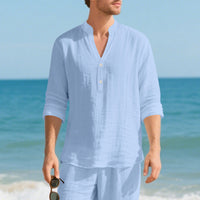 Autumn Linen Men's Long-Sleeve T-Shirt With Stand Collar And Buttons