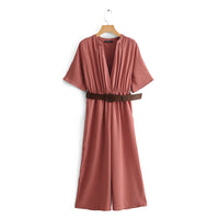 Women's Stand Collar Short Sleeve with Belt Jumpsuit