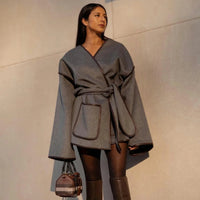 Elegant Retro Gray Women's Short Belt Overcoat