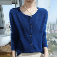 Womens Loose Button-up Solid-color Cropped Sweater With A Crew Neck