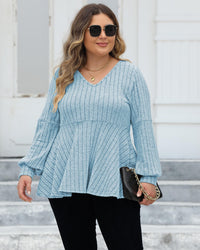 Doll Shirt V-neck Hollow Striped Polar Fleece Lantern Sleeve Bottoming Shirt