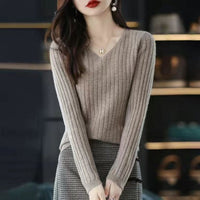 Slim V-neck Pullover Long Sleeve Knitted Sweater