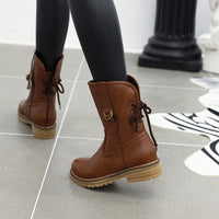 Lace-up round toe low-heel square heel boots