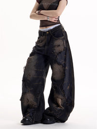 American Retro Hot Girl Wind Black Tie-dyed Ripped Jeans