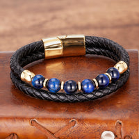 Stainless Steel Jewelry Tigers Eye Bead Double-strand Braided Leather Cord Bracelet