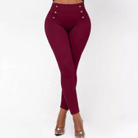 High Waist Button Solid Color Slim Fit Hip Skinny Pants