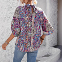 Paisley-print V-neck Loose-fit Long-sleeve Womens Blouseundershirt