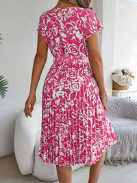 Women's Elegant Floral Print Short Sleeve Flowy Pleated Dress