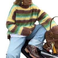 Women's New Color Round Neck Striped Knitted Sweater Fashion Loose