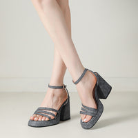 Denim-strapped Sandals With A Round Toe And Chunky Heel For Women