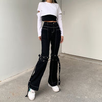 Lace-Up, High-Waisted, Thin, Casual Denim Pants