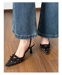 2026 Spring-Summer New Closed Toe Slingback Heeled Sandals For Women, Stiletto Heel With Bowknot, Rhinestone Fashion High Heels, European & American Style