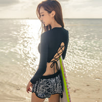 Women's Split Long-sleeved Sunscreen Diving Back Lace-up Boxer Three-piece Swimsuit