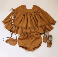 Girls' Cotton And Linen Long Sleeve Square-neck Ruffle Top Triangle Shorts 2-piece Set Clothes For Babies Autumn
