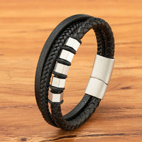 Multi-layer Mens Leather Braided Rope Stainless Steel Bracelet