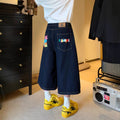 Printed Utility Overalls Versatile Straight-leg Cropped Denim Shorts