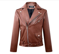 Slim Casual Leather Jacket With Lapel Diagonal Zipper