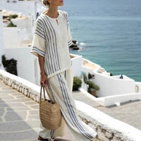 Round Neck Striped Short Sleeve Cotton And Linen Top Casual Pants Women's 2-piece Set
