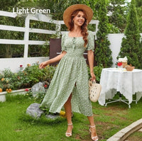 French-style Floral Print Womens Waist-Cinching Figure-Flattering Square-Neck Puff-Sleeve Midi Dress