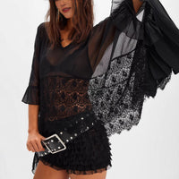 Womens Mesh Blouse With Batwing Sleeves Loose-Fit Beach Sun-Protective Top Patchwork Lace Blouse