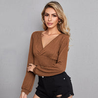 Women's V-neck Slim-fit Top Cable Fabric Long-sleeve T-shirt