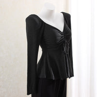 Chinese Gentle Knitted Drawstring V-neck Bottoming Shirt T-shirt Shoulder Slimming Slim Top