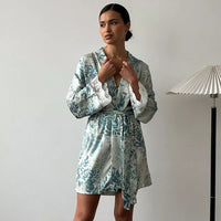 Printed Long-sleeve Lace Nightgownbathrobe Loungewear