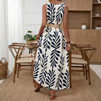 French-style Sleeveless Strap Dress With Belt Leaf-print Split-front Dress