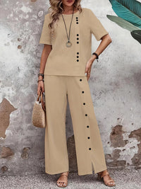 Two-piece Short-sleeve Button-up Top Loose-fit Womens Outfit